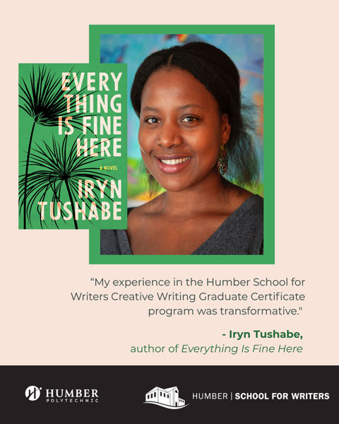 Iryn Tushabe headshot and Everything Is Fine Here book cover