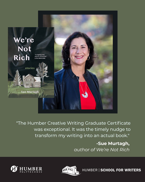Sue Murtagh headshot with We're Not Rich book cover