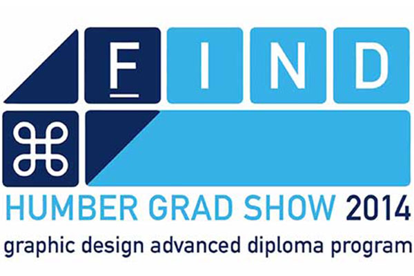 blue logo with the letters FIND in it and below written in light and dark blue says HUMBER GRAD SHOW 2014 graphic design advanced diploma program