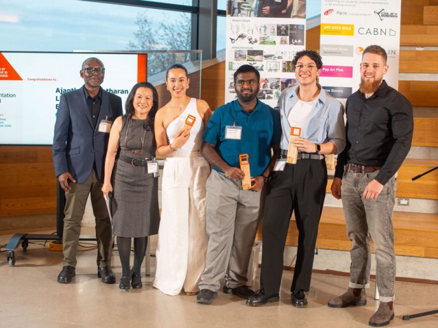 Three faculty members pose with three awarded students