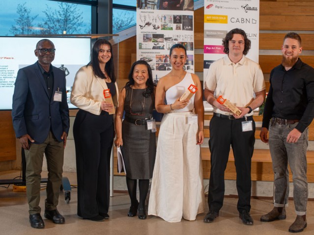 Three faculty members pose with three awarded students