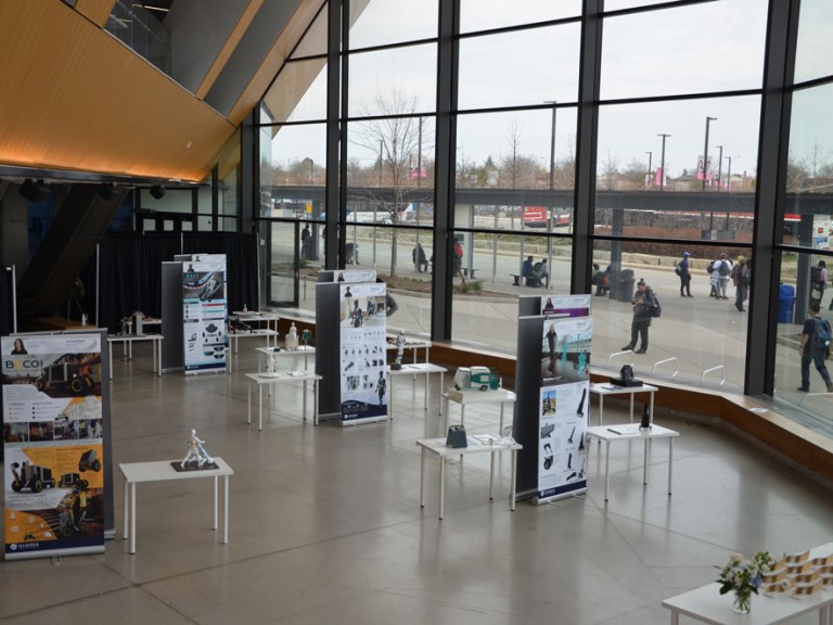 Building atrium with posters and tables set up