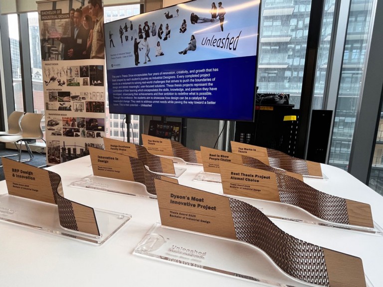 Table with awards on it