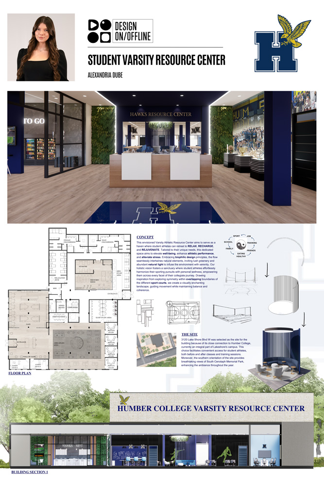 Poster showing 3D renders, floor plans and conceptual sketches of Student Varsity Resource Center