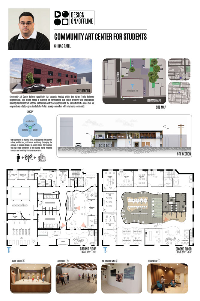 Poster showing 3D renders, floor plans and conceptual sketches of Community Art Center For Students