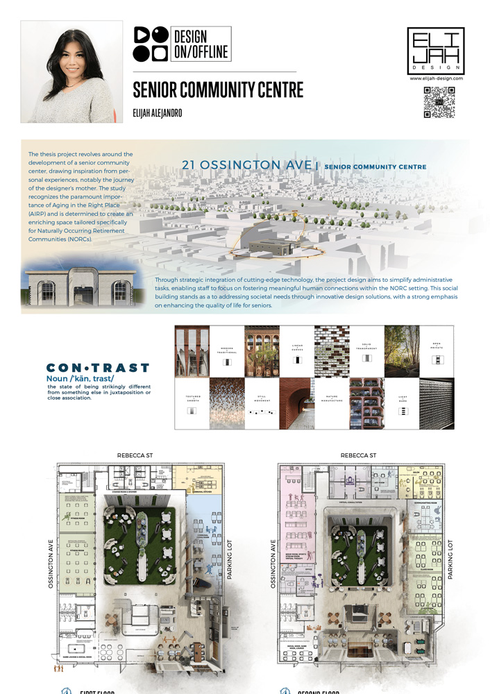 Poster showing 3D renders, floor plans and conceptual sketches of Senior Community Centre