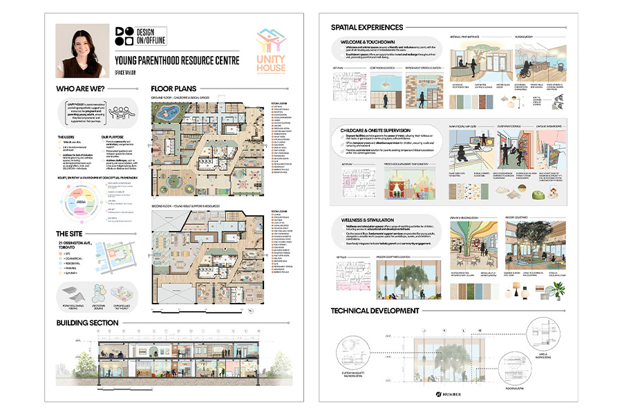 Poster showing 3D renders, floor plans and conceptual sketches of Young Parenthood Resource Centre