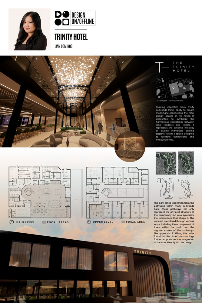 Poster showing 3D renders, floor plans and conceptual sketches of Trinity Hotel