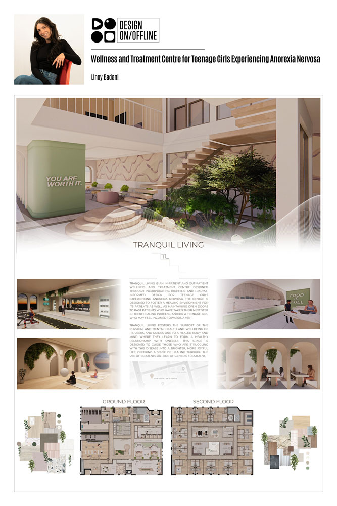 Poster showing 3D renders, floor plans and conceptual sketches of The Tranquil Living Wellness and Treatment Centre