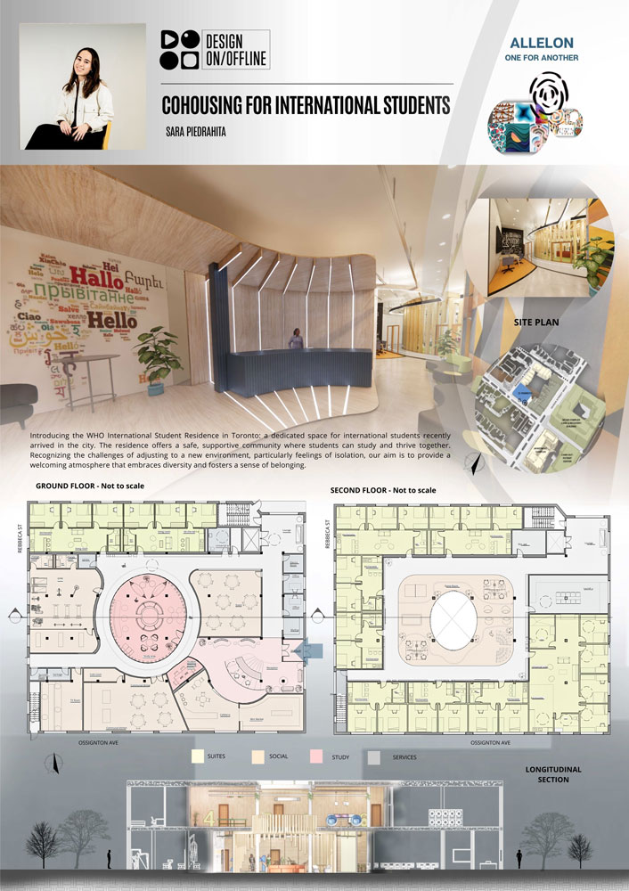 Poster showing 3D renders, floor plans and conceptual sketches of the Cohousing for International Students design