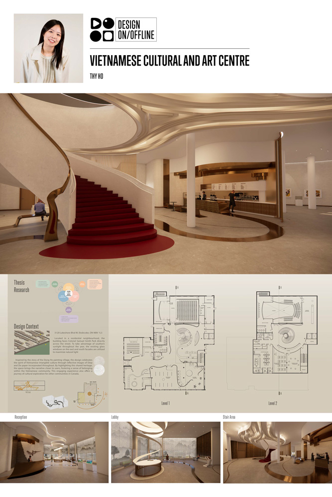 Poster showing 3D renders, floor plans and conceptual sketches of Vietnamese Cultural and Art Centre